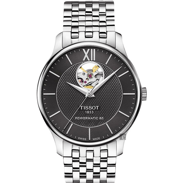 TISSOT 天梭 Tradition 80小時動力鏤空機械腕錶-黑/40mm