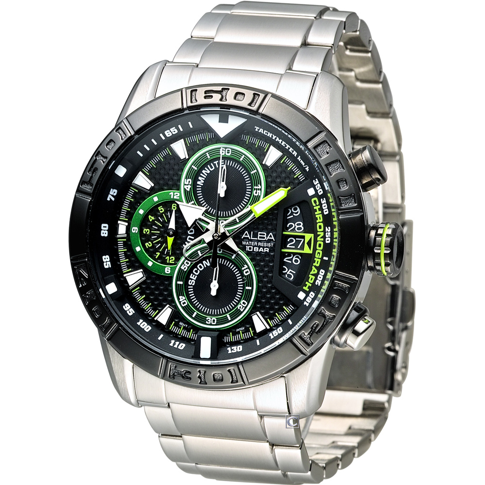 ALBA 雅柏 活力型男計時腕錶(AV6047X1)-黑x綠/46mm