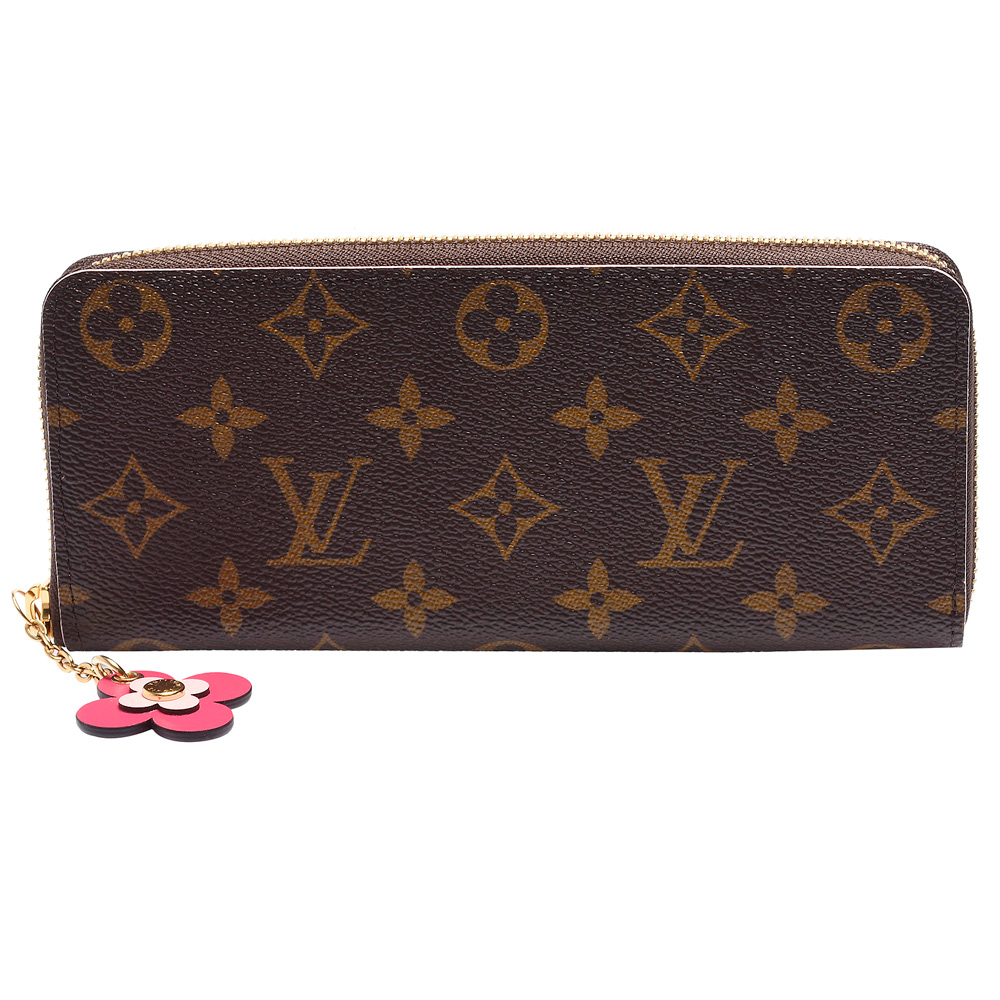 LV M64201經典Clemence系列Monogram帆布花卉吊飾拉鍊長夾