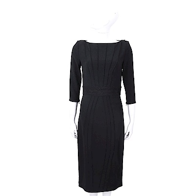 ELISABETTA FRANCHI 條紋蕾絲細節拼接黑色寬領絲質洋裝