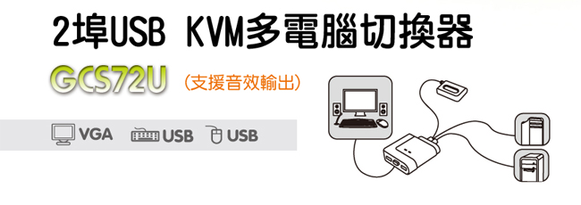美國 IOGEAR 2埠 帶線式USB KVM切換器-支援喇叭及麥克風 (GCS72U)
