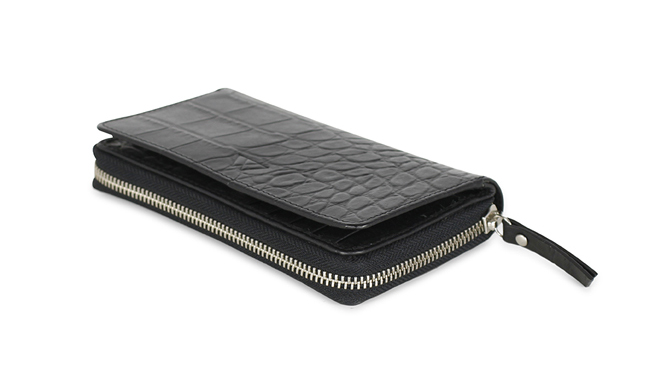 MARKBERG Bay 丹麥手工牛皮簡約側翻雙層長夾 錢包(鱷紋黑)