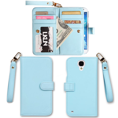 韓國潮牌 LKUN Samsung  GALAXY S4 多功能複合式手機真皮皮套 天藍色