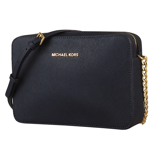 MICHAEL KORS JET SET TRAVEL金字防刮皮革鏈帶方包(大/深藍