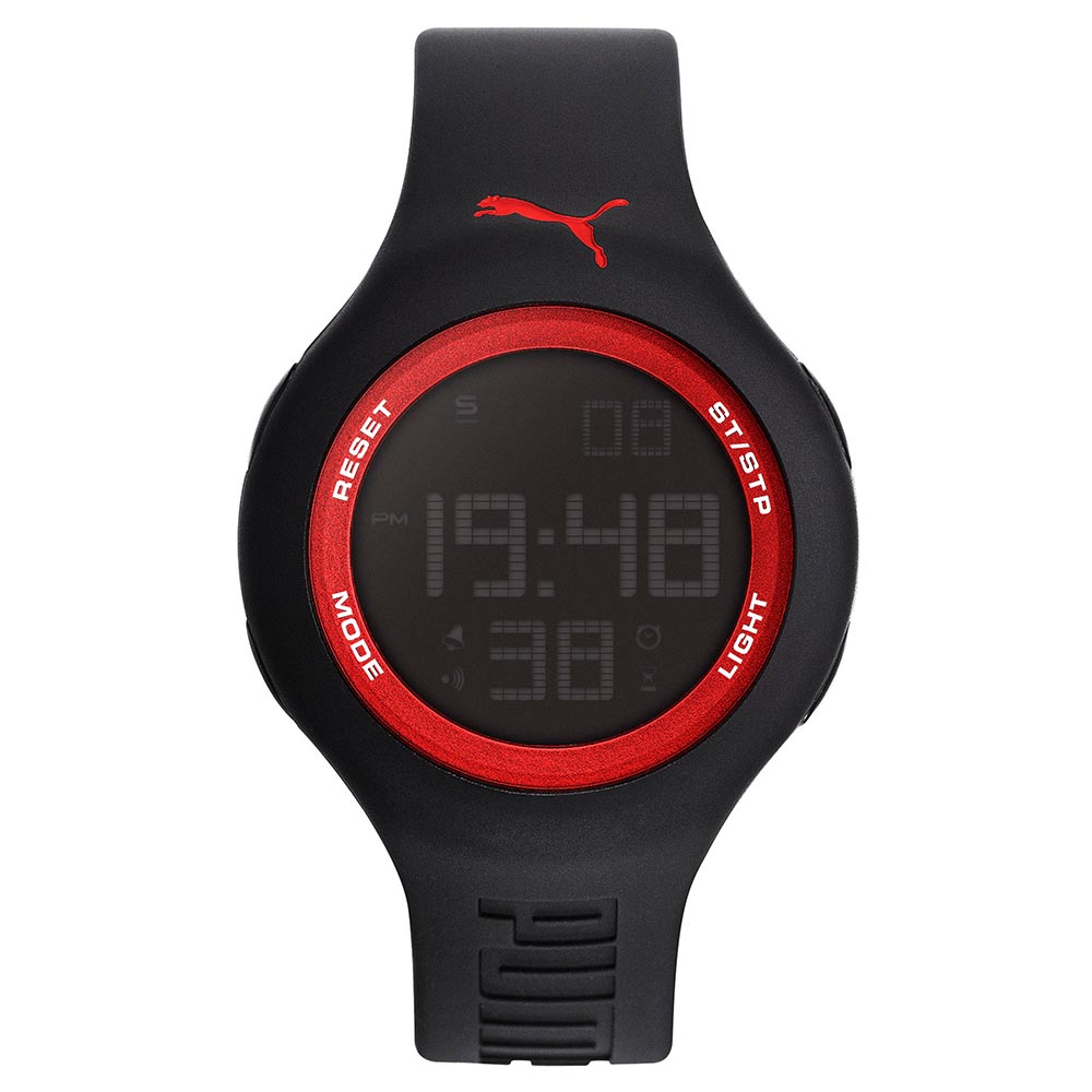 PUMA 跳色韻律 PU錶帶 運動時尚腕錶-黑x紅/44mm