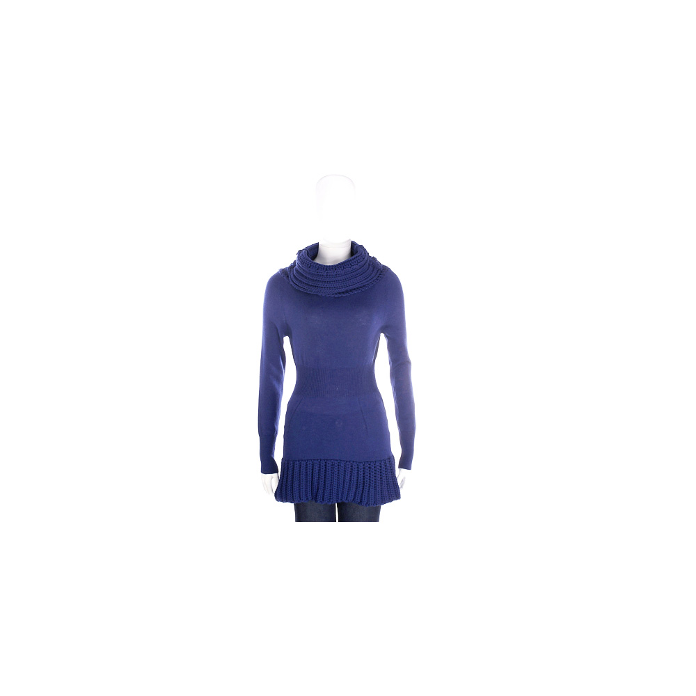 PULLAROUND 深藍色拼接織紋高領針織羊毛上衣(100%WOOL)