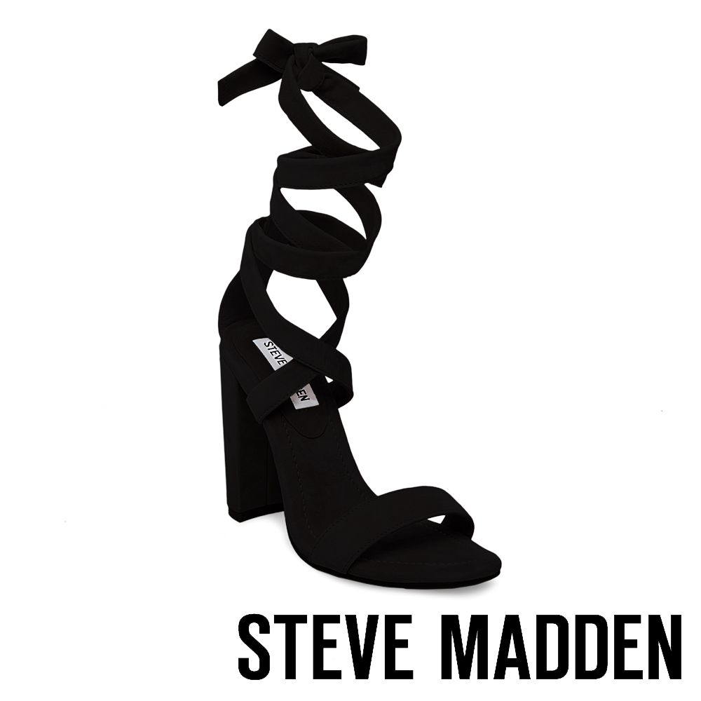 STEVE MADDEN-COSMIC 一字綁帶繞踝粗高跟涼鞋-黑色