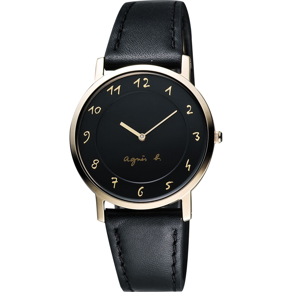 agnes b. 法國時尚簡約風情腕錶-黑x金框/33mm