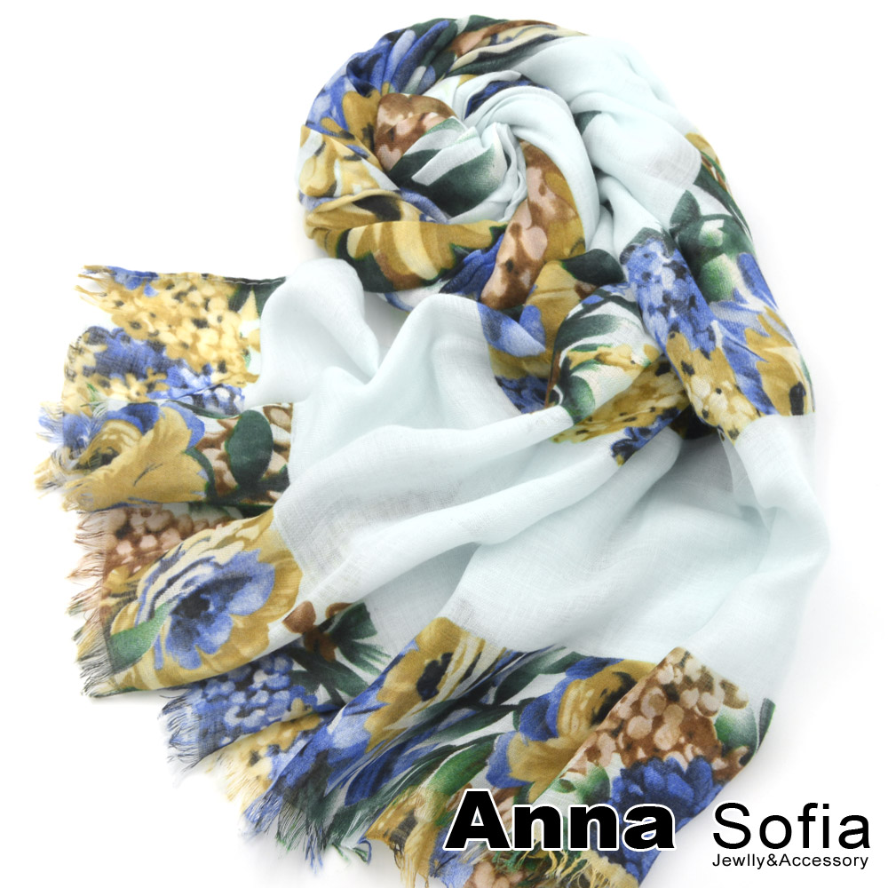 AnnaSofia 層花錦簇 高密度織毛邊圍巾(輕水藍)