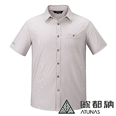 【ATUNAS 歐都納】男款休閒透氣吸濕排汗彈性短袖襯衫A1-S1801M白底灰條