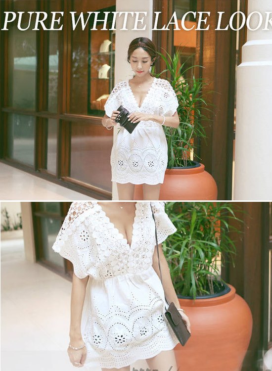 La BellezaV領圈圈緹花蕾絲鏤空織紋洞洞白色棉麻縮腰洋裝