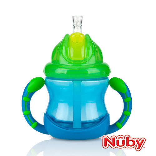 Nuby 雙耳防漏彈跳吸管水杯240ml-藍綠(12m+)