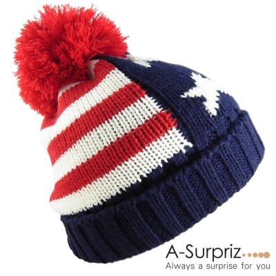 A-Surpriz 韓風星光條紋球球毛線帽(熱力紅)