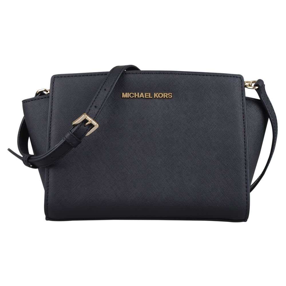 MICHAEL KORS 金字LOGO防刮牛皮斜背包(黑)