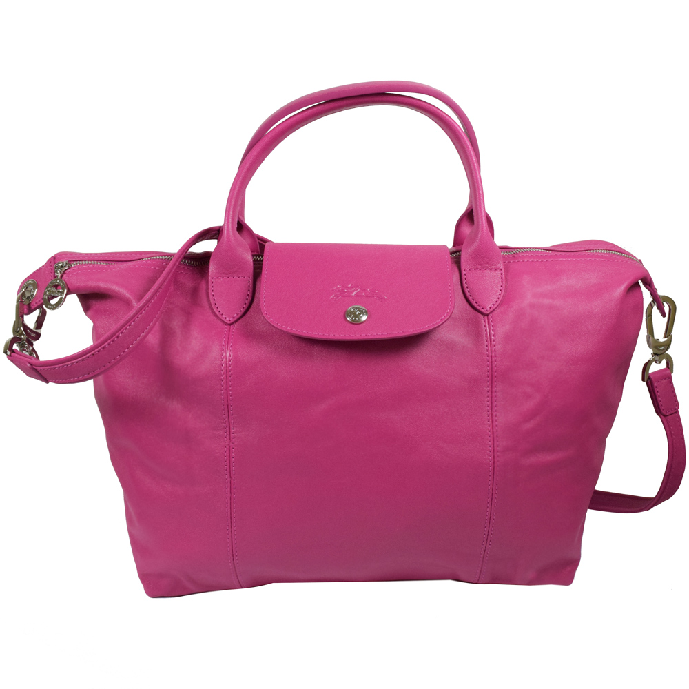 LONGCHAMP Le Pliage Cuir 折疊小羊皮短把兩用包(桃紅/M)