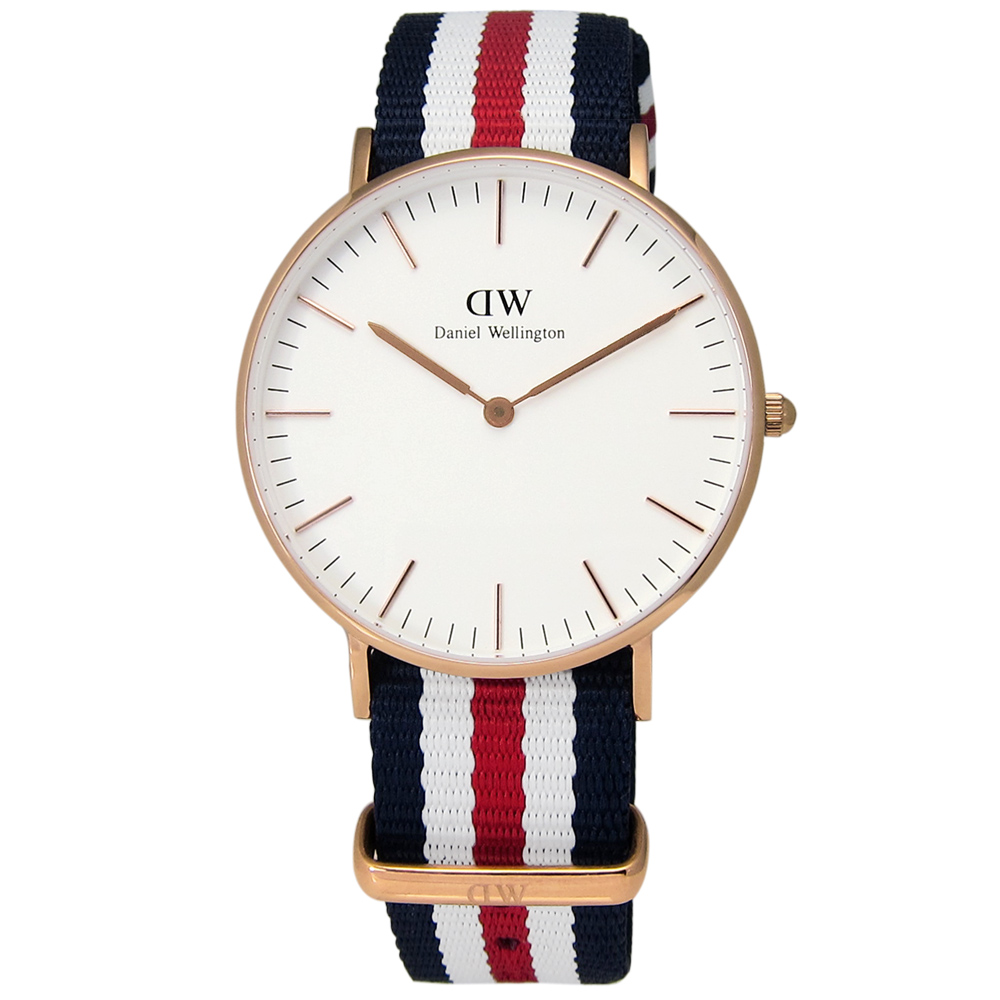 DW Daniel Wellington 經典時尚美國旗幟尼龍腕錶-白x玫瑰金/36mm