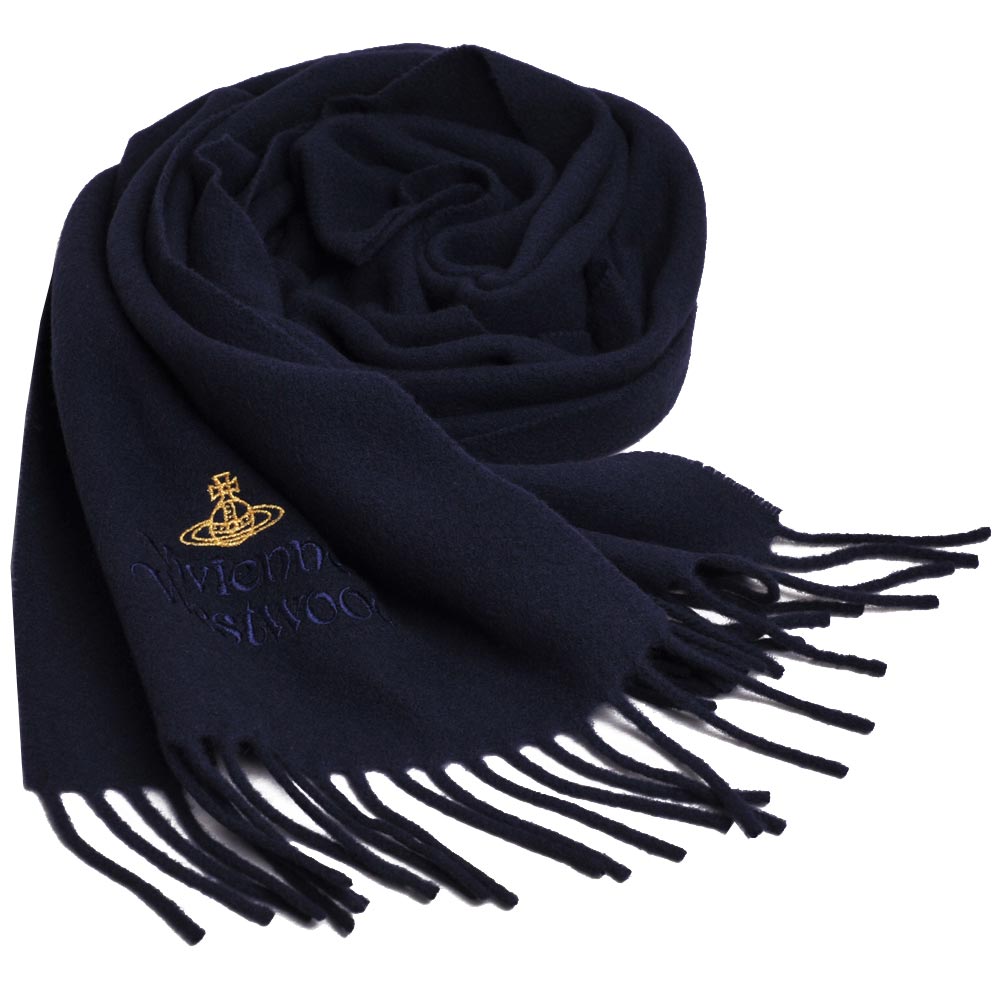 Vivienne Westwood 長版刺繡金色行星LOGO羊毛圍巾(深藍)