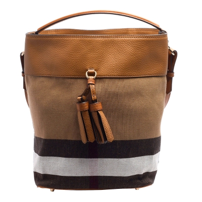 BURBERRY CANVAS格紋棉麻流蘇造型牛皮飾邊手提/肩背包(中-鞍褐色)