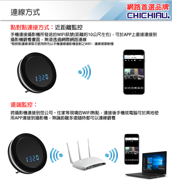 【CHICHIAU】WIFI無線網路高清1080P圓形電子鐘-針孔微型夜視攝影機+影音記錄