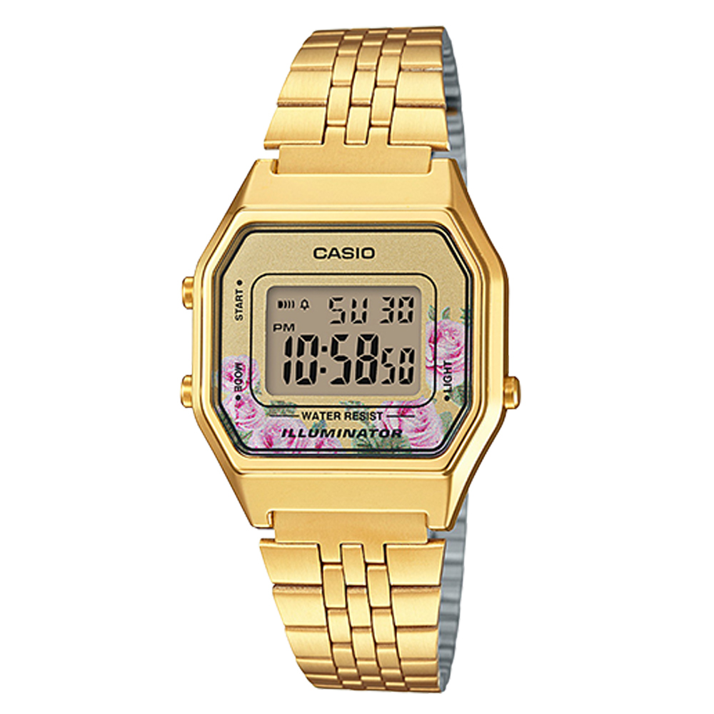 CASIO玫瑰花春樣氣息復古金系列百搭時尚數位錶(LA-680WGA-4C)粉玫瑰28.6