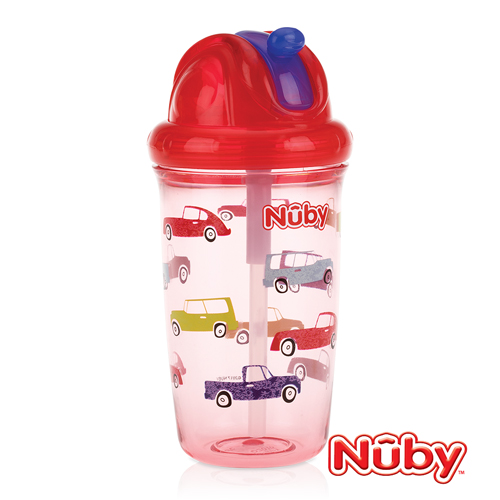 Nuby 晶透學飲杯粗吸管300ml-紅(12M+)