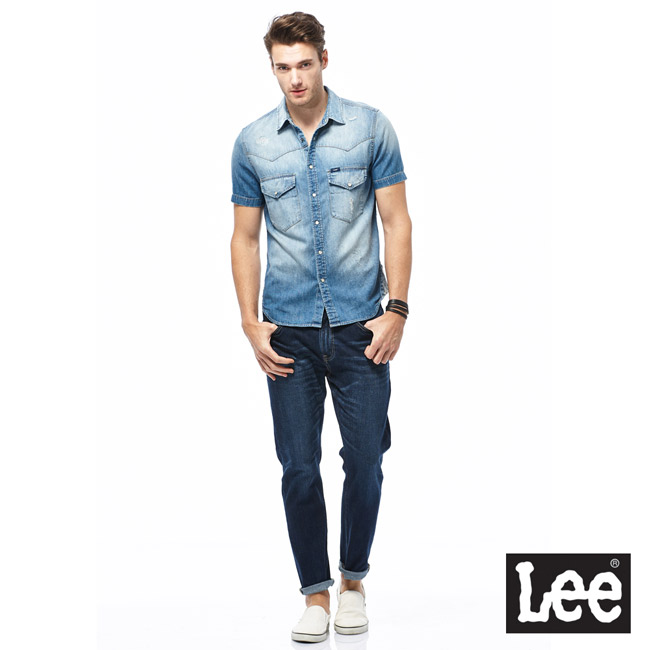 Lee 牛仔短袖襯衫-男款-藍