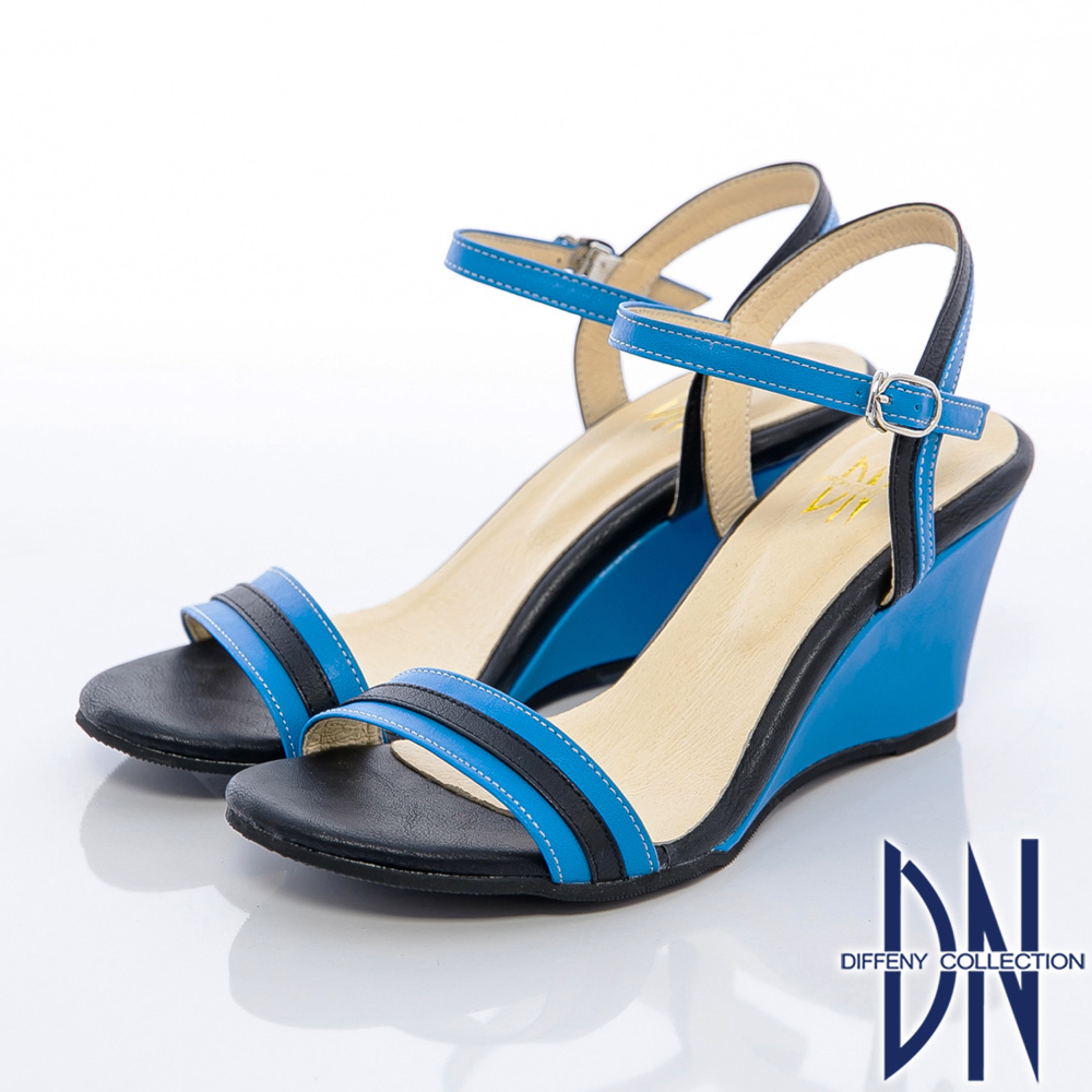 DN 台灣製造 雙色拼接繫帶楔型涼鞋 藍