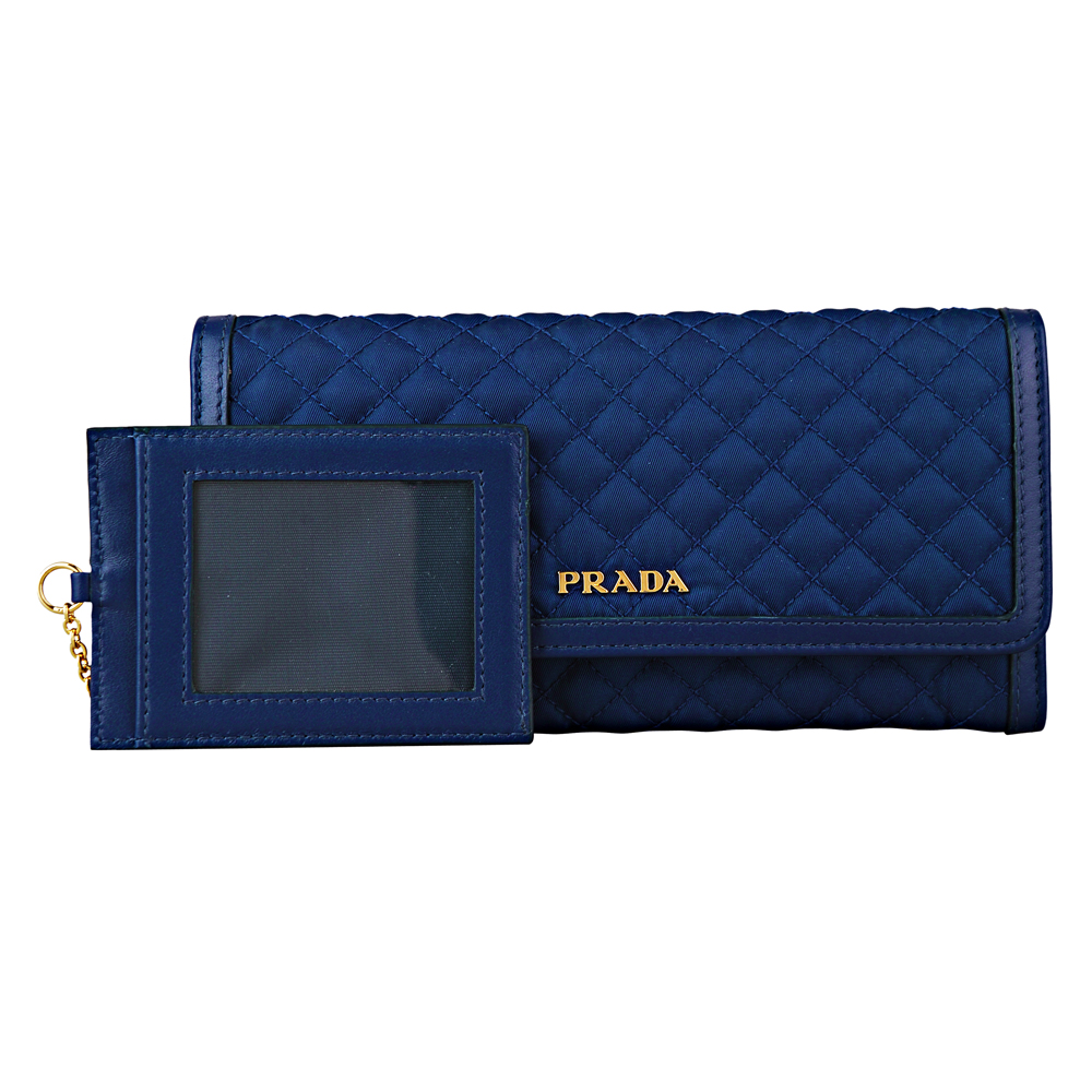 PRADA 金字浮雕LOGO菱格紋尼龍牛皮雙扣長夾(深藍)