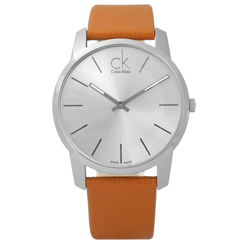 CK 經典時尚大面徑弧型切面皮革手錶-銀x橘/43mm