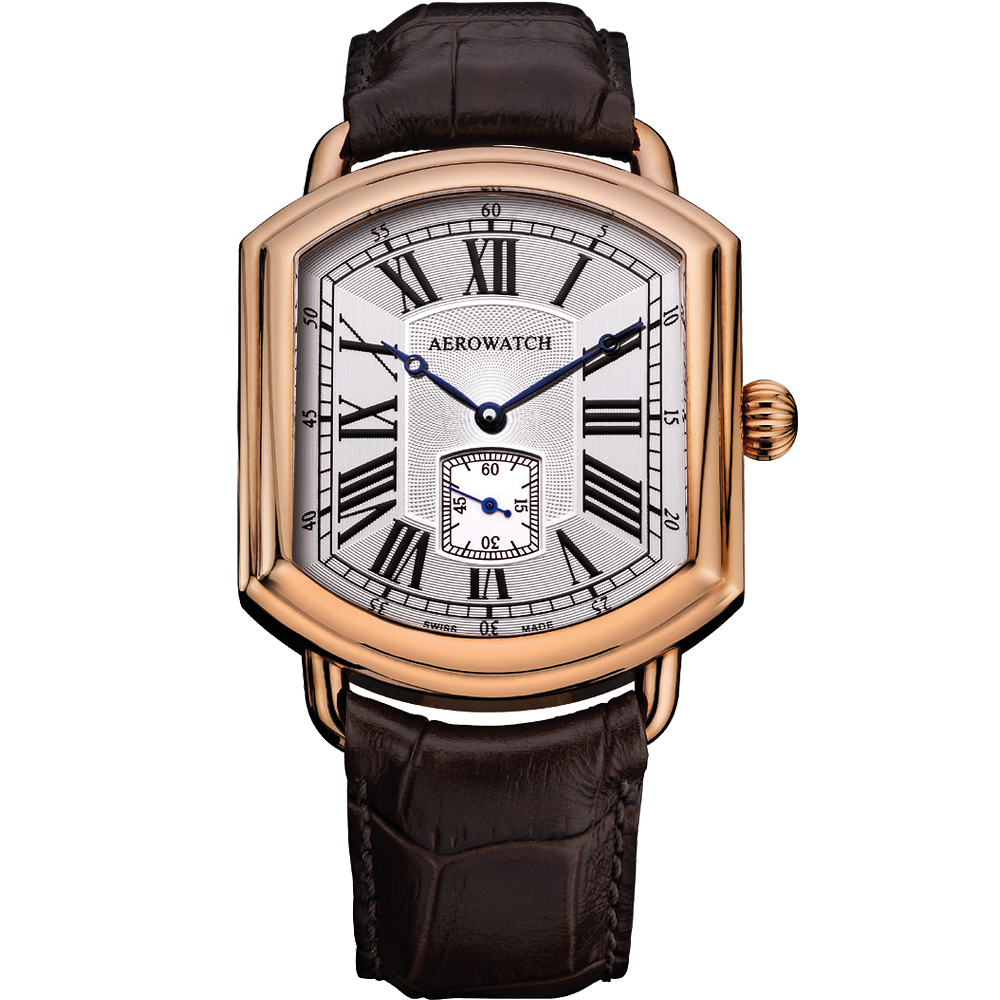 AEROWATCH 羅馬復刻紳士小秒針機械腕錶-玫瑰金框x咖啡/42mm