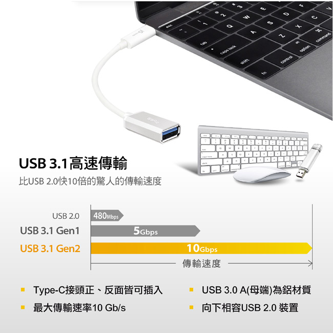 j5create USB 3.1 Type-C 轉 Type-A 轉接線-JUCX05