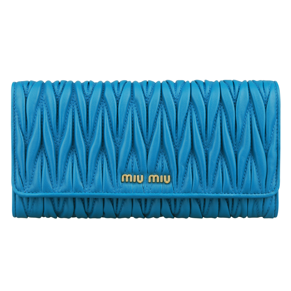 MIU MIU Coffer 經典抓皺設計小羊皮釦式長夾(藍綠)