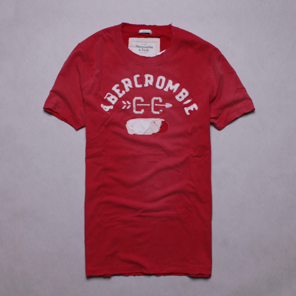 A&F Abercrombie & Fitch 貼布字母仿舊刷破短T恤-紅L