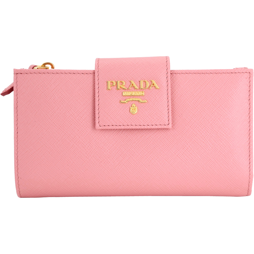 PRADA Saffiano Metal 金字掀式多卡層釦式中夾(粉色)