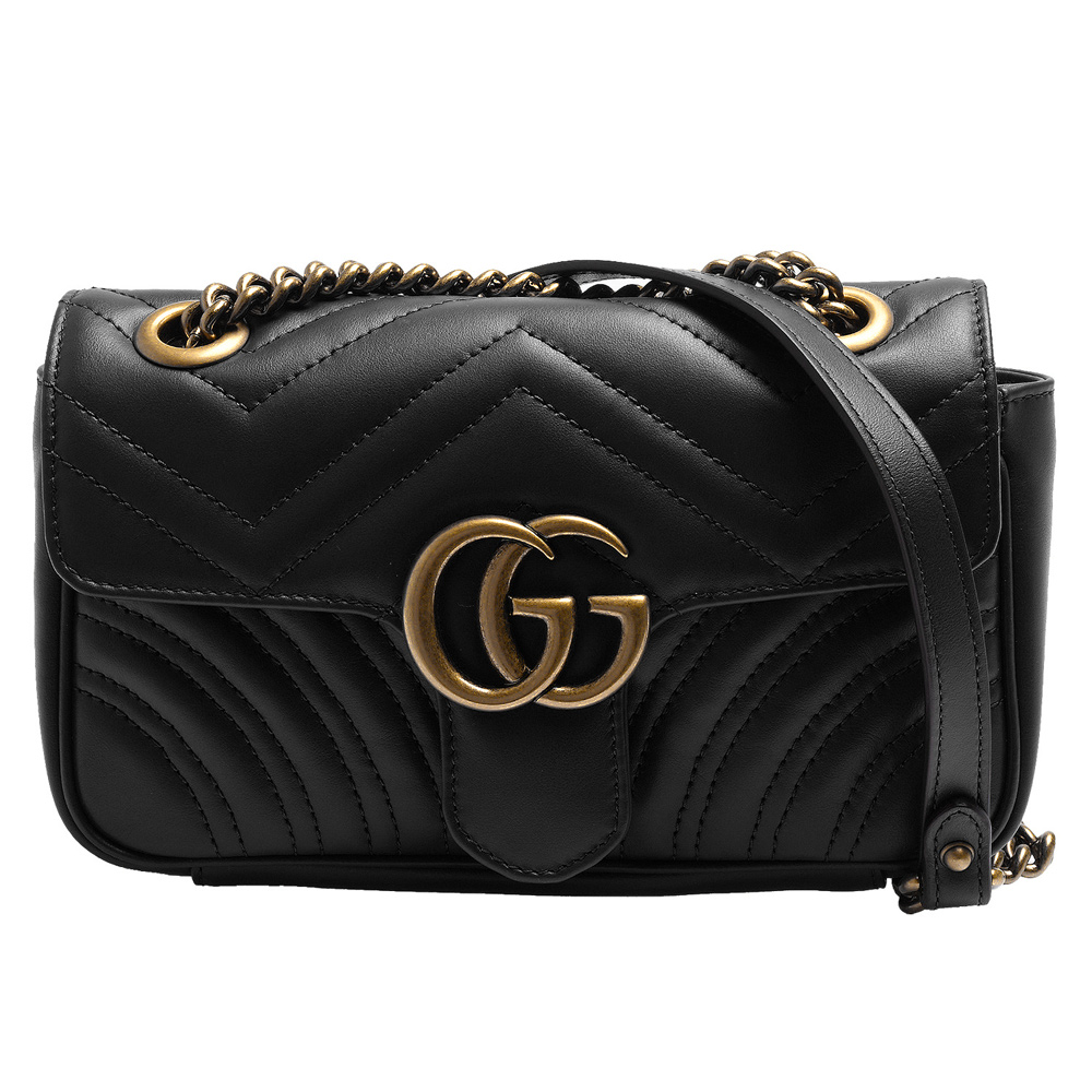 GUCCI Marmont matelasse仿舊金色LOGO山字紋肩/斜背包(迷你-黑)