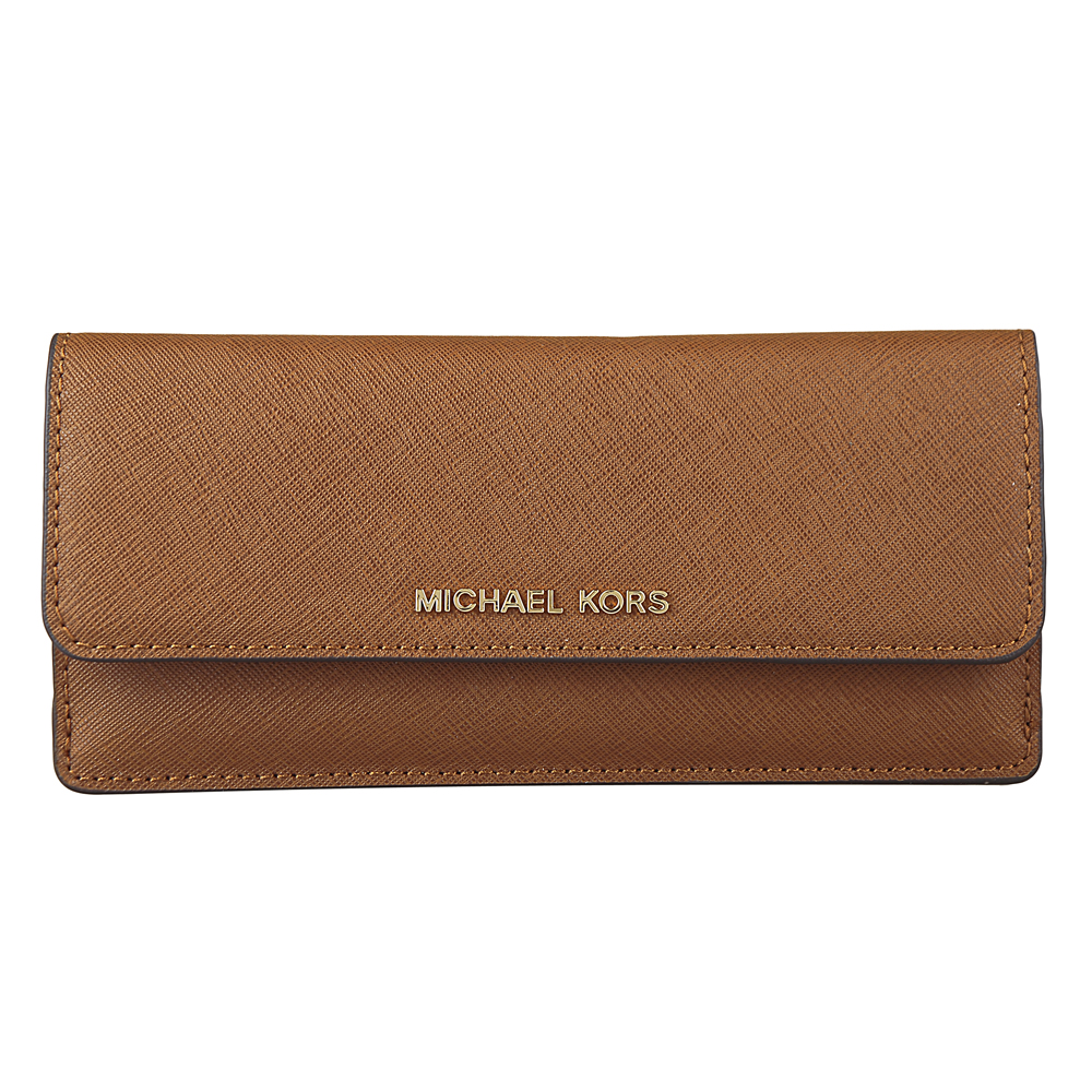 MICHAEL KORS JET SET TRAVEL金字浮雕LOGO防刮皮革釦式長夾(棕