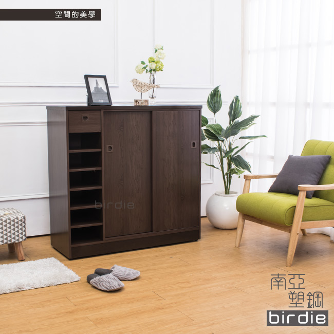 Birdie南亞塑鋼-3.5尺拉門/推門單抽左開放塑鋼鞋櫃胡桃色-107x41x104cm