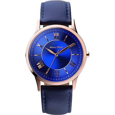 RELAX TIME RT58 經典學院風格腕錶-藍x玫瑰金框/42mm