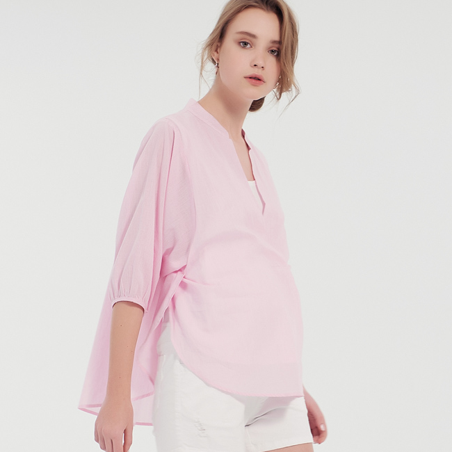 Gennies專櫃-純棉條紋立領燈籠袖哺乳衣(T3F05)粉白條
