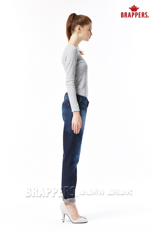 BRAPPERS 女款 新美腳ROYAL系列-女用中低腰特殊水痕直筒褲-藍