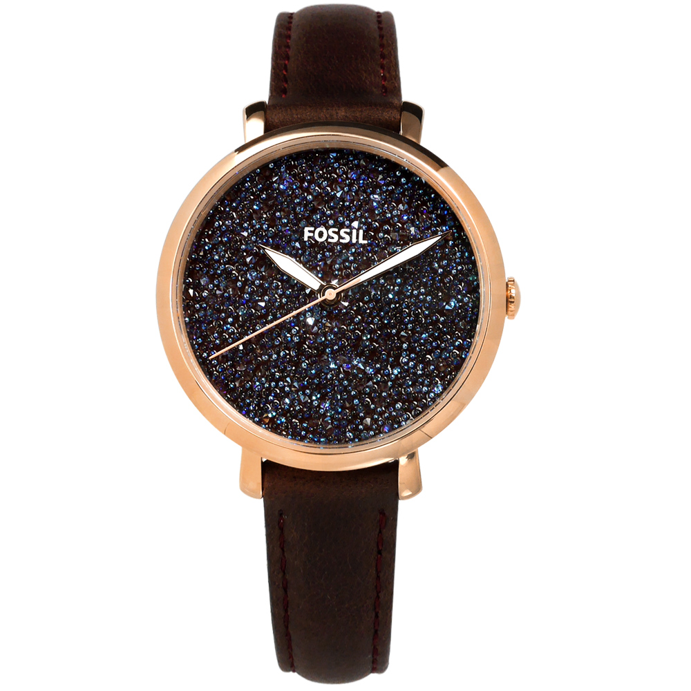 FOSSIL  星光閃耀時尚夜光防水真皮手錶-藍黑x玫瑰金框x咖啡/36mm