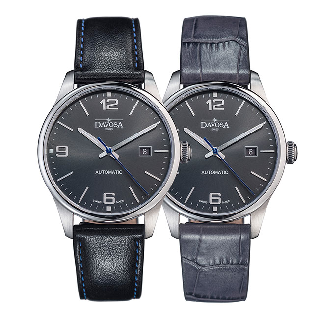 DAVOSA Gentlemen 現代經典紳士系列套裝腕錶-灰面/藍色車線黑皮帶/40mm