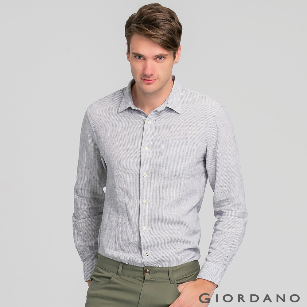 GIORDANO 男裝夏日單口袋棉麻襯衫-30 藍白條紋