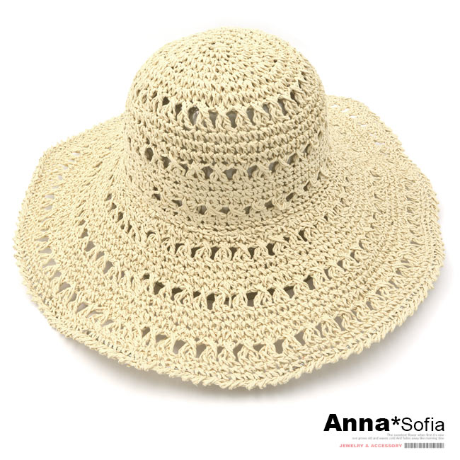 AnnaSofia 洞鏤花式編織 寬簷防曬遮陽草帽(米系)
