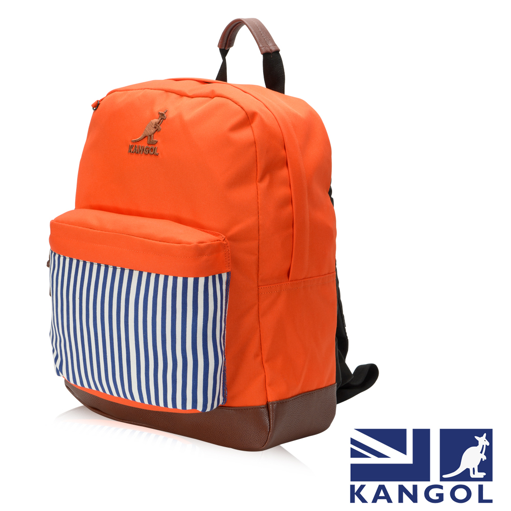 KANGOL 英式新潮時尚後背包袋鼠繡LOGO條紋元素可置放15吋筆電後背包-橘色
