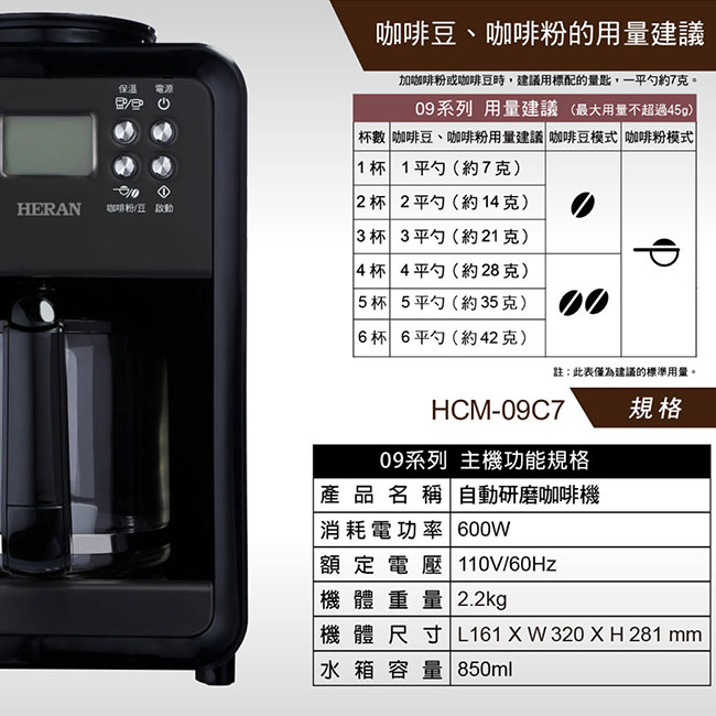 HERAN禾聯 自動研磨悶蒸咖啡機-黑 HCM-09C7