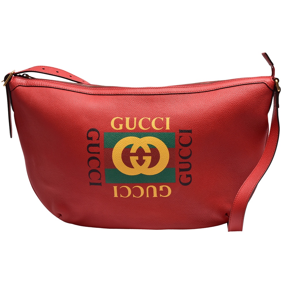 GUCCI 經典half-moon系列復古風格圖案小牛皮綠紅綠織帶半月型肩/斜背包-玫瑰紅