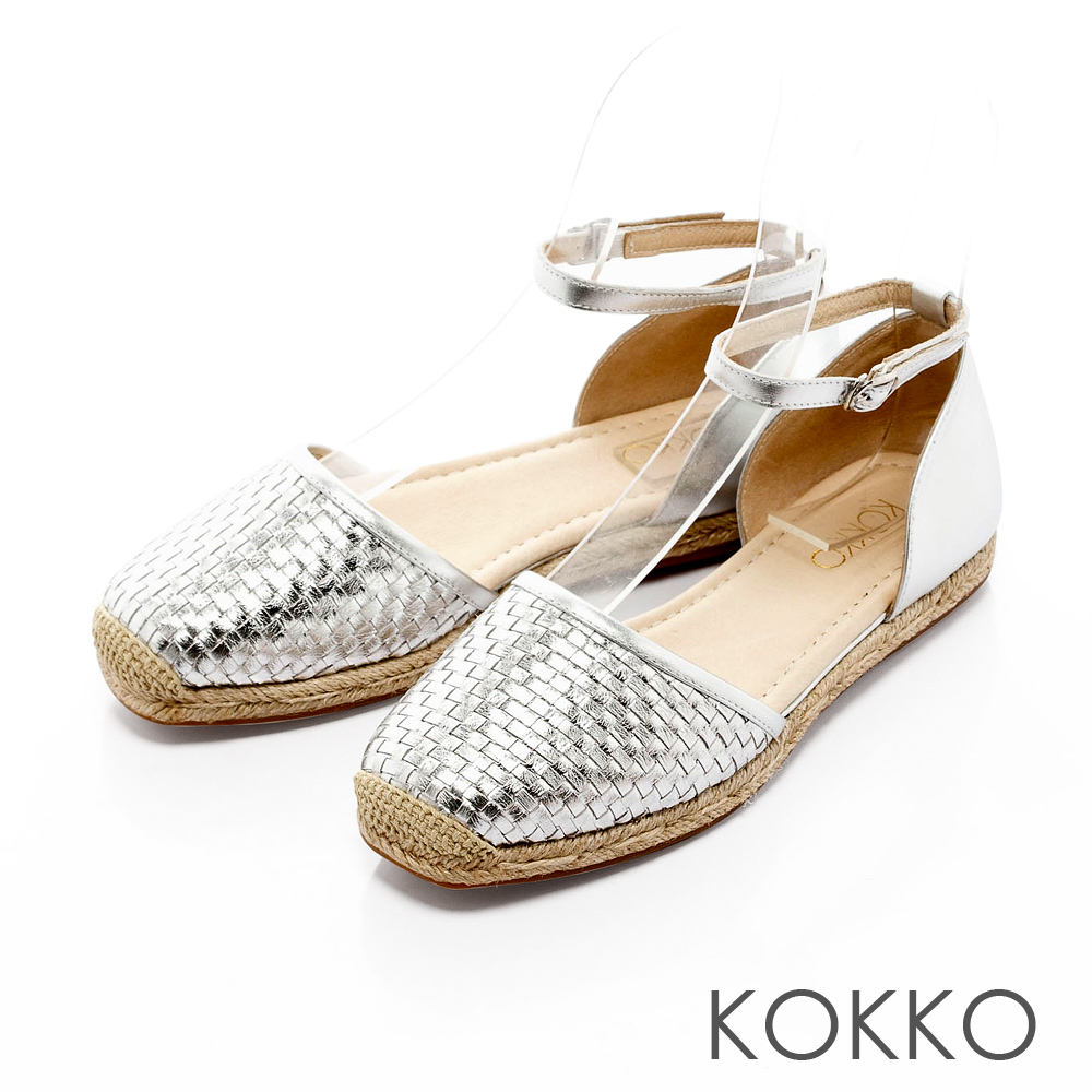 KOKKO-異國渡假編織真皮舒壓平底方頭鞋-科技銀