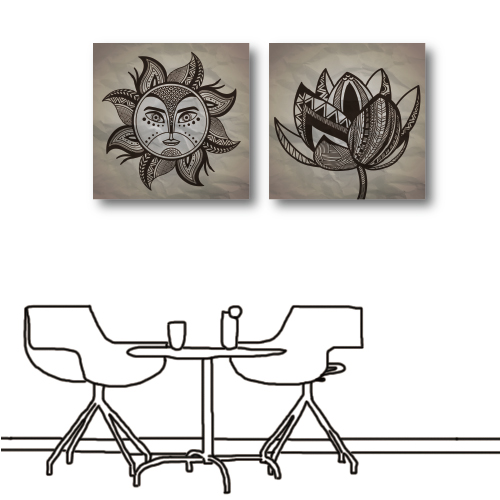 美學365-兩聯方形特色餐廳民宿線條設計掛飾無框畫掛畫-太陽與花-50x50cm
