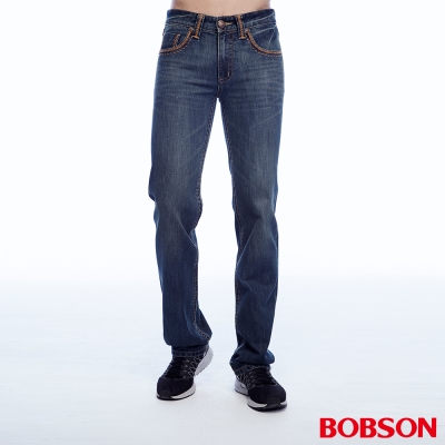 BOBSON 男款低腰後口袋繡花深藍色直筒褲